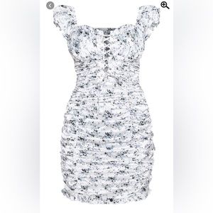 PrettyLittleThing • White Floral Satin Ruched Bardot Bodycon Dress